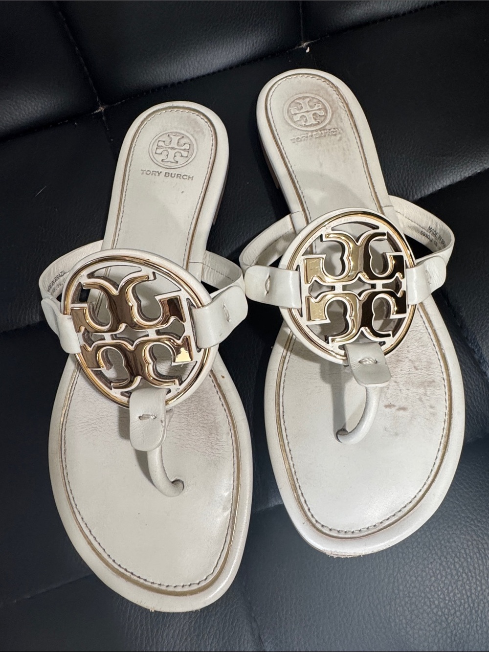 Tory Burch White Leather Logo Thong Sandals with Gold Medallions